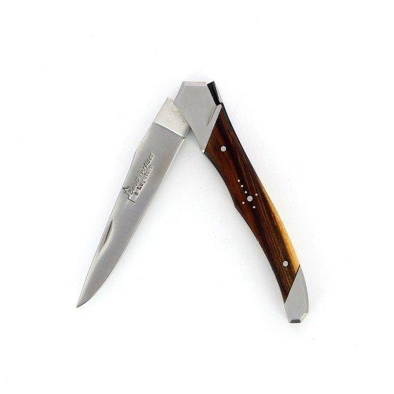 Laguiole Tribal pliant 10 cm, platines guillochées, manche en pistachier, mitres inox brossées