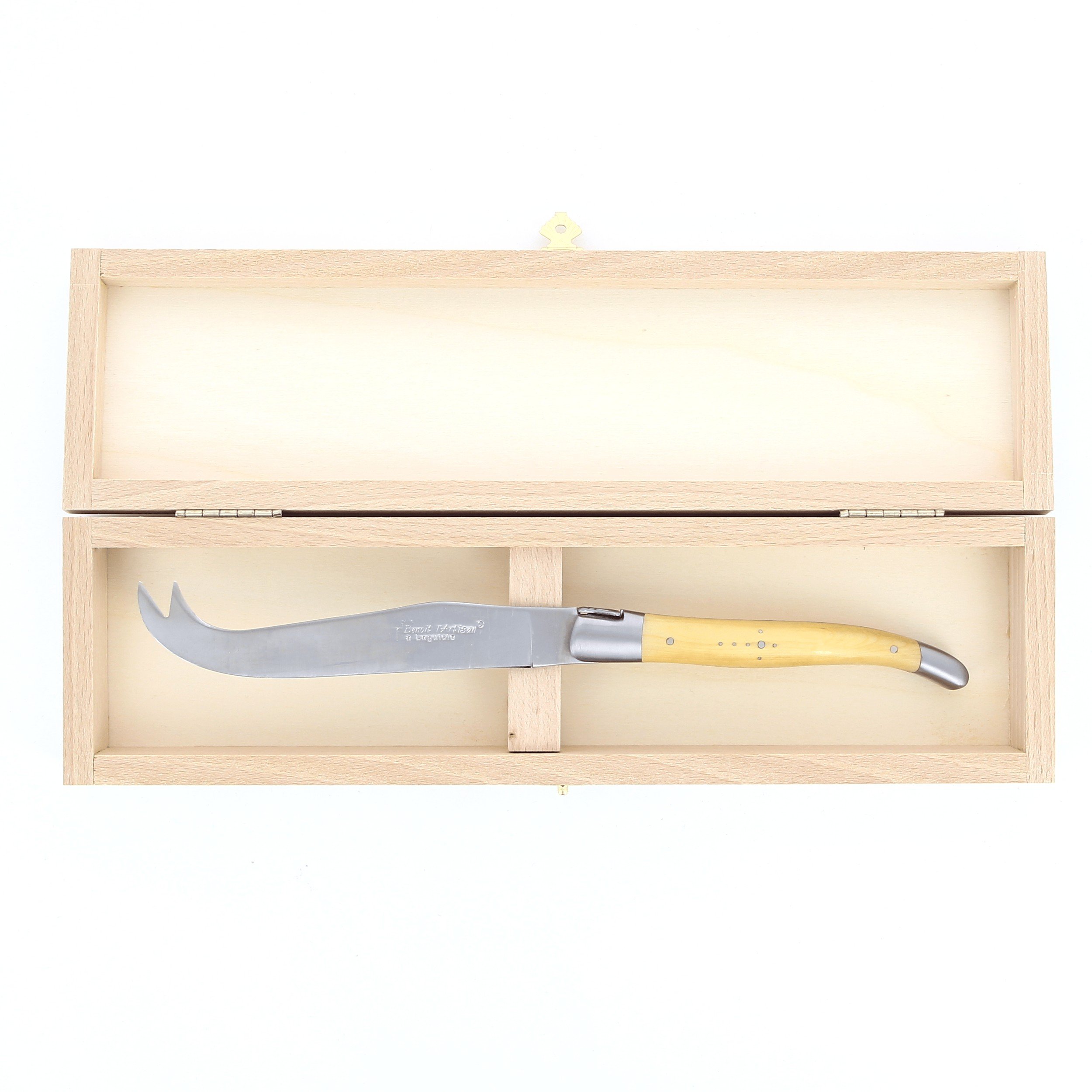 Couteau à fromage Laguiole, manche en buis, mitres inox brossées