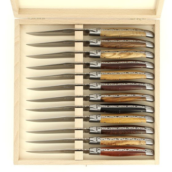 Coffret de 12 couteaux de table Laguiole, manche en bois du monde, mitres inox brossées