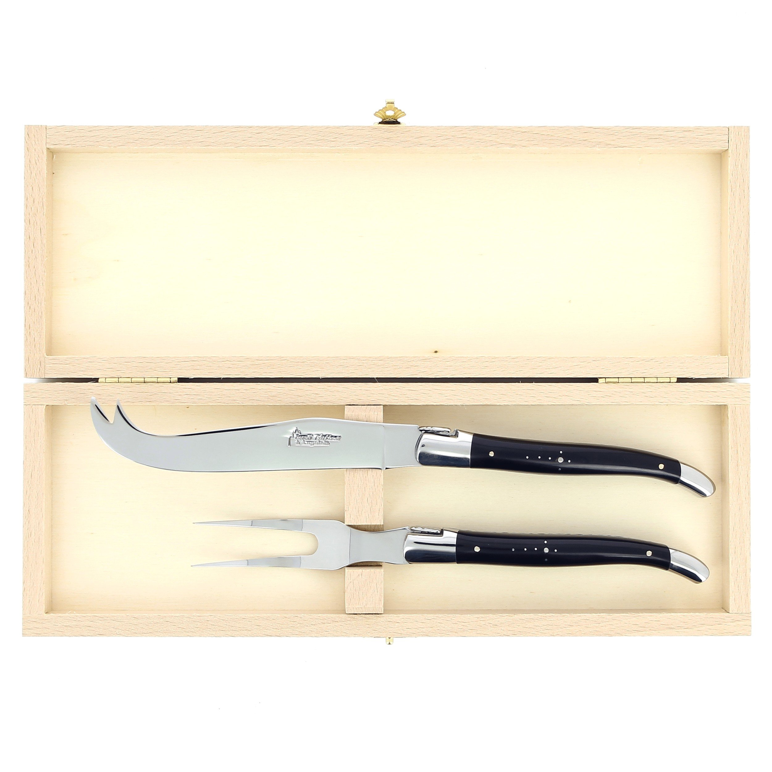 Service à fromage Laguiole, manche en corne massive noire, mitres inox polies
