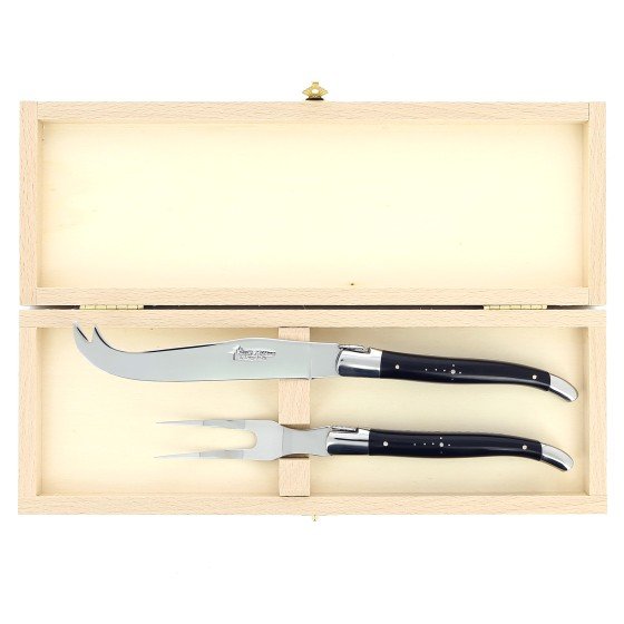 Service à fromage Laguiole, manche en corne massive noire, mitres inox polies