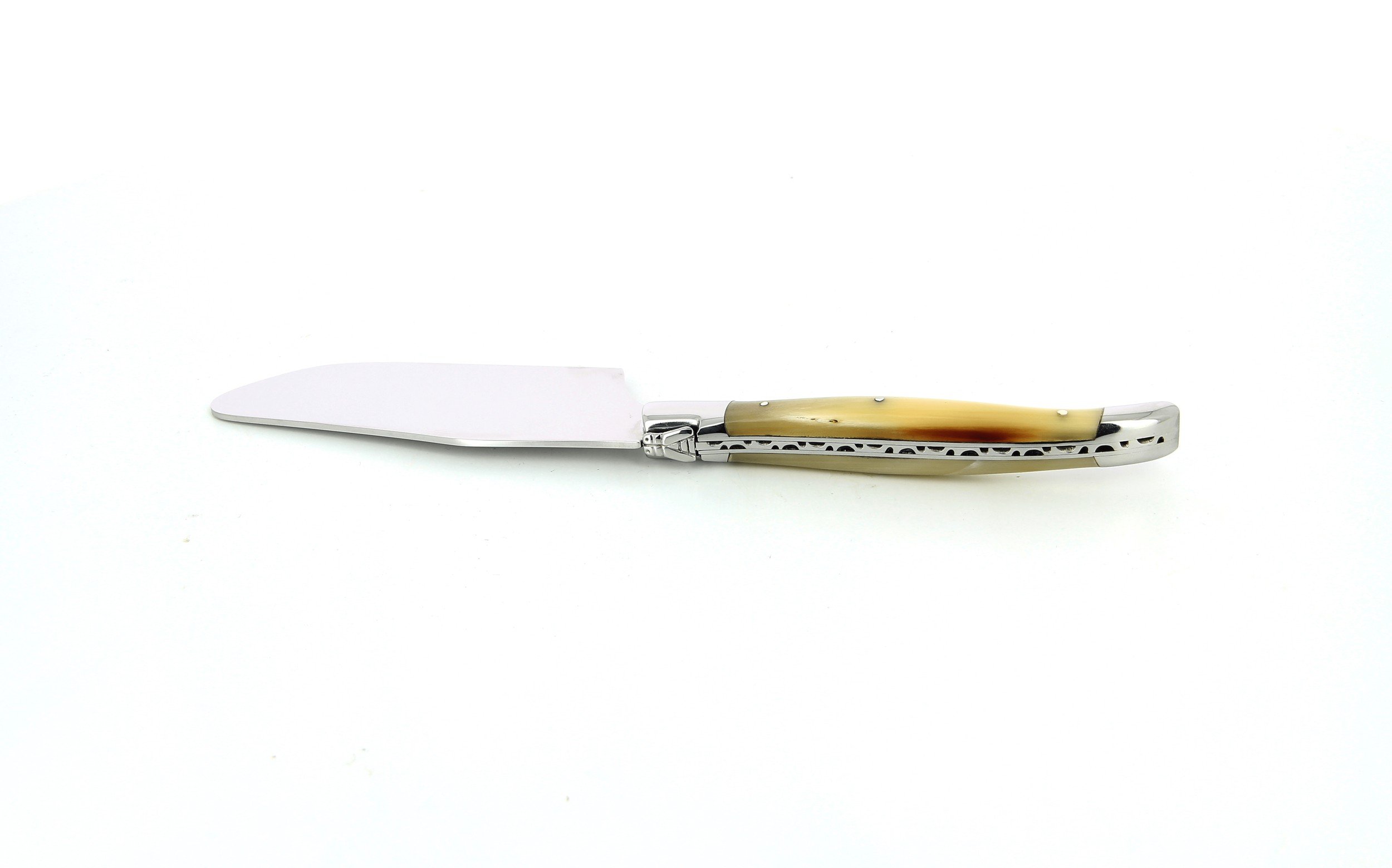 Pelle à tarte Laguiole, manche en corne massive blonde, mitres inox polies