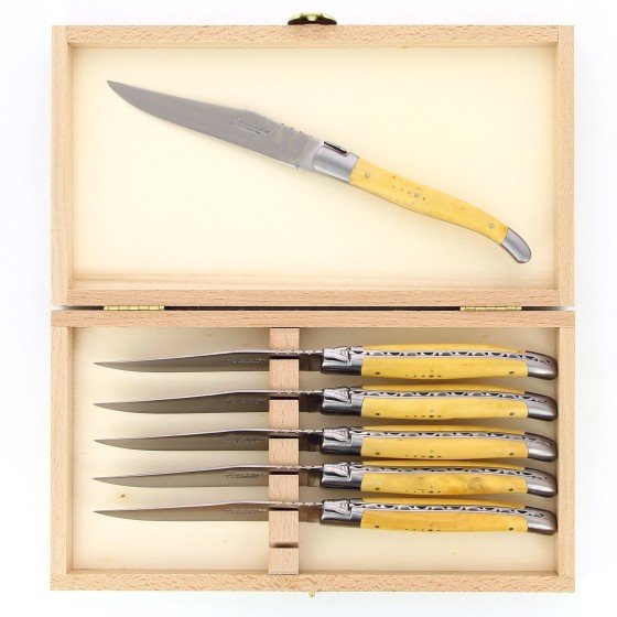 Coffret de 6 couteaux de table Laguiole, manche en buis, mitres inox brossées