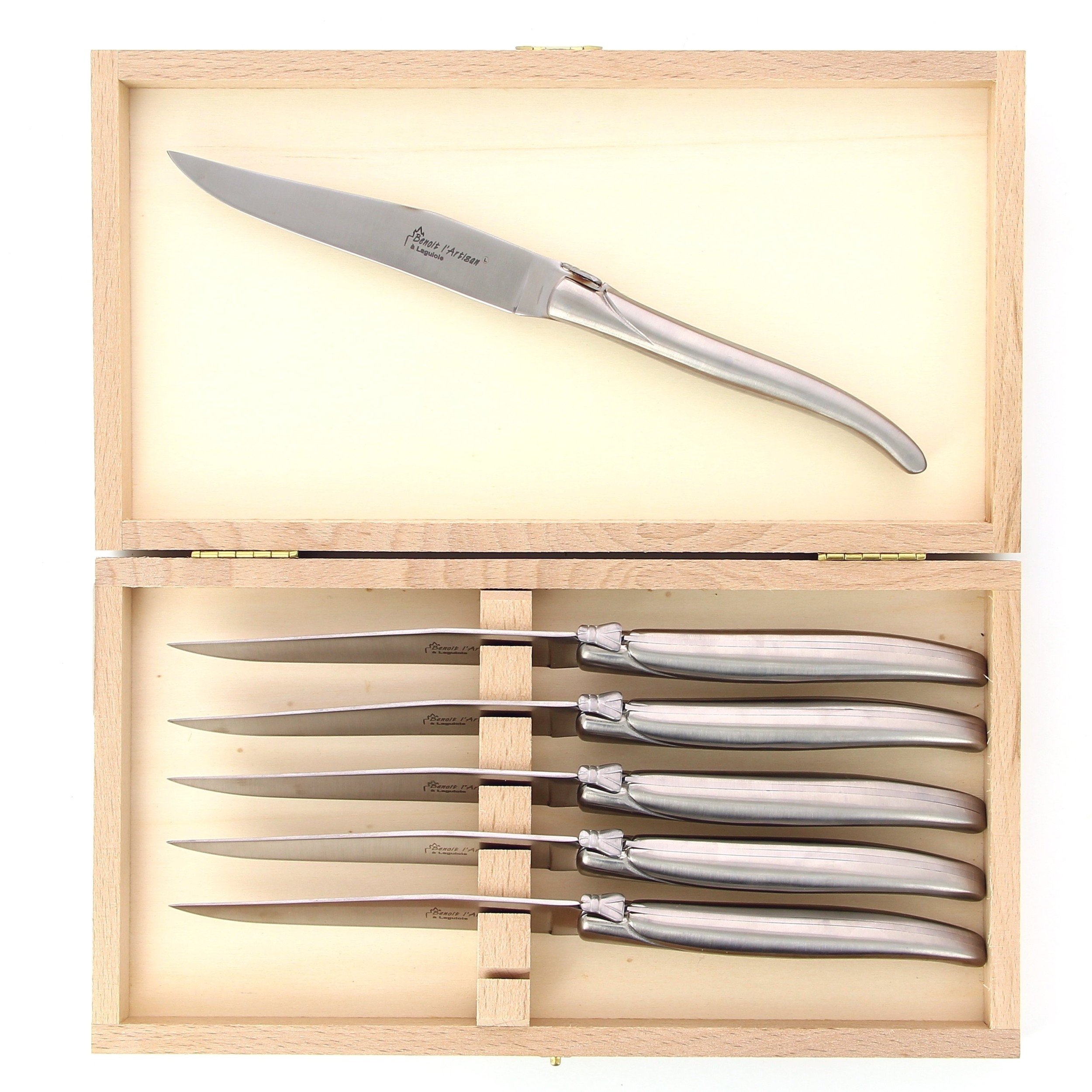 Benoit l'Artisan  Coffret de 6 couteaux de table de Laguiole, plein manche  en inox brossé