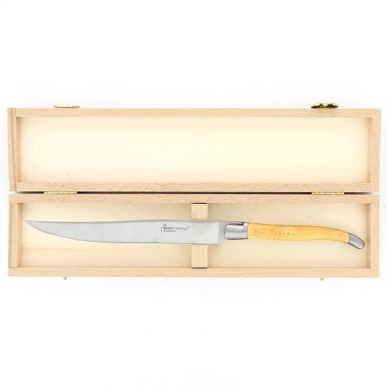 Couteau à découper Laguiole, manche en buis, mitres inox brossées