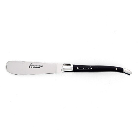 Couteau à beurre Laguiole, manche en corne massive noire, mitres inox polies