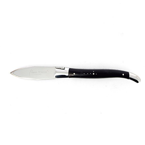 Couteau à huitre Laguiole, manche en corne massive noire, mitres inox polies