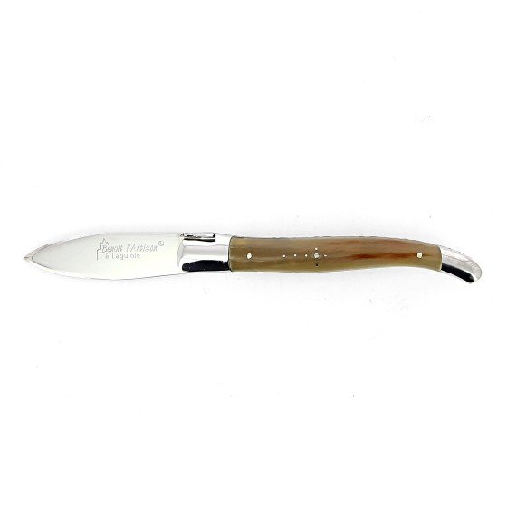 Couteau à huitre Laguiole, manche en corne massive blonde, mitres inox polies