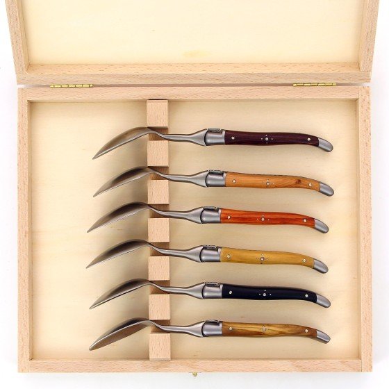 Coffret de 6 petites cuillères Laguiole, manche en bois du monde, mitres inox brossées