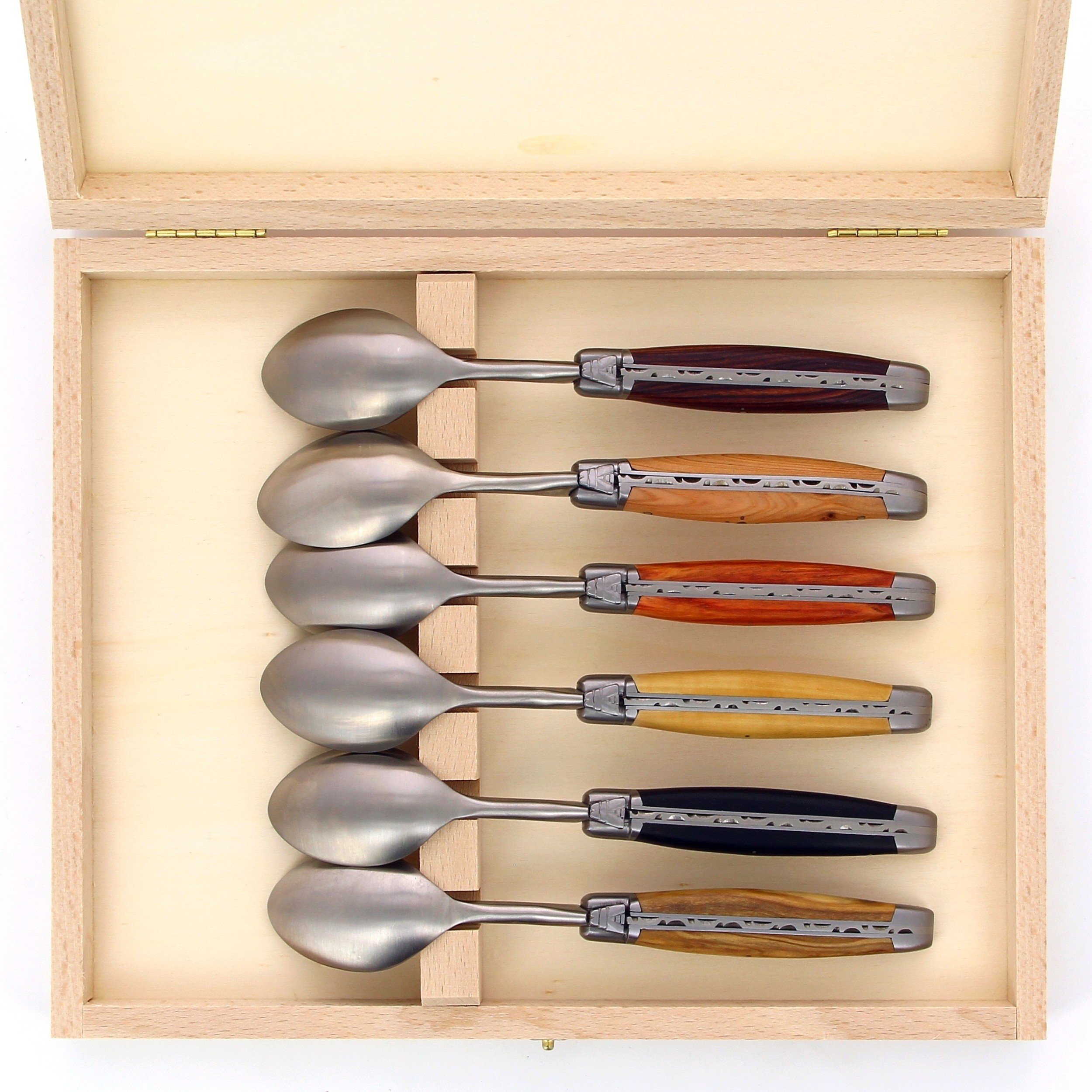 Coffret de 6 petites cuillères Laguiole, manche en bois du monde, mitres inox brossées