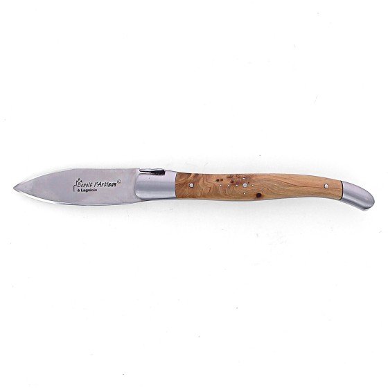 Couteau à huitre Laguiole, manche en genévrier, mitres inox brossées