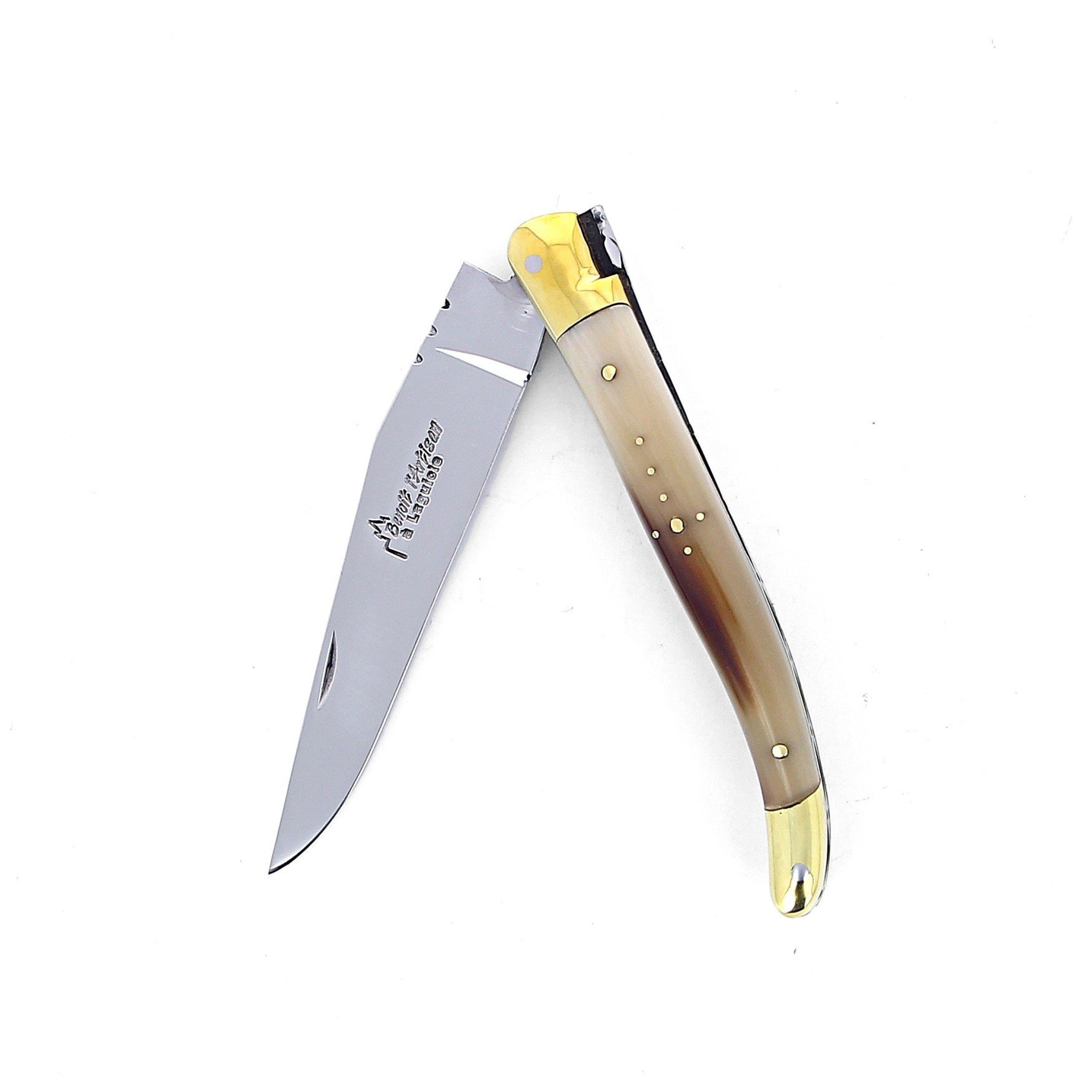 Laguiole pliant 11 cm, manche en corne massive blonde, mitres laiton