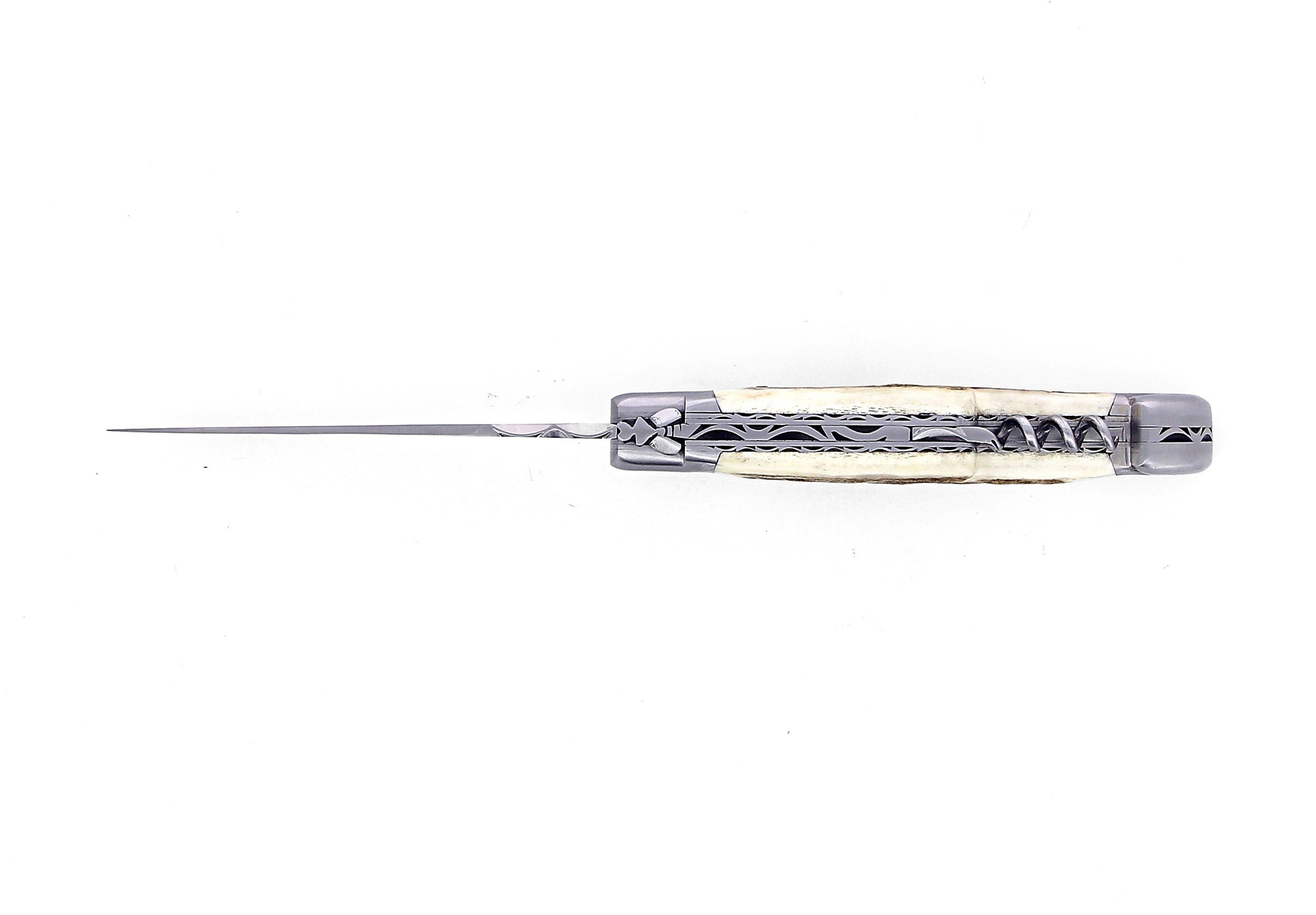 Laguiole pliant avec tire-bouchon, doubles platines, 12 cm, manche en bois de cerf, mitres inox brossées