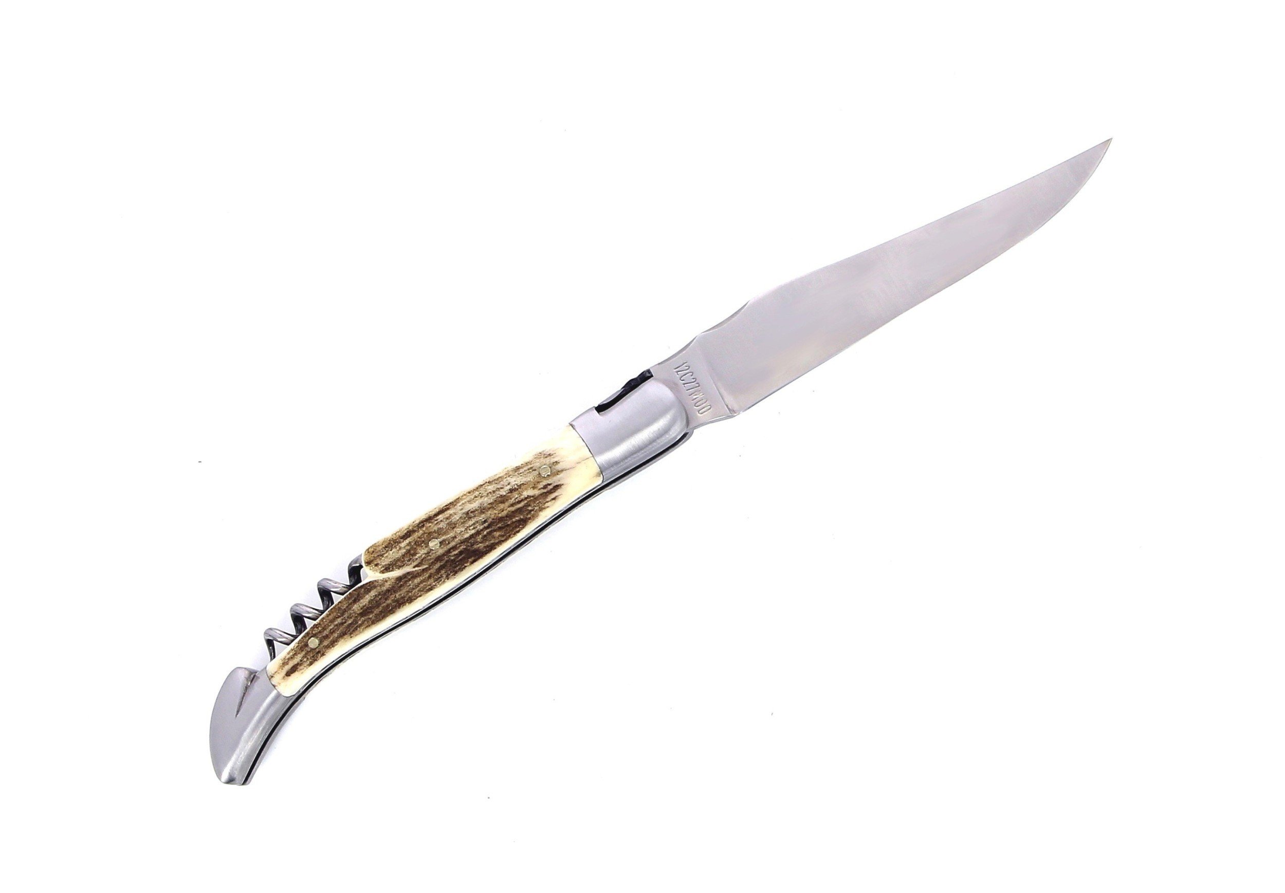 Laguiole pliant avec tire-bouchon, doubles platines, 12 cm, manche en bois de cerf, mitres inox brossées