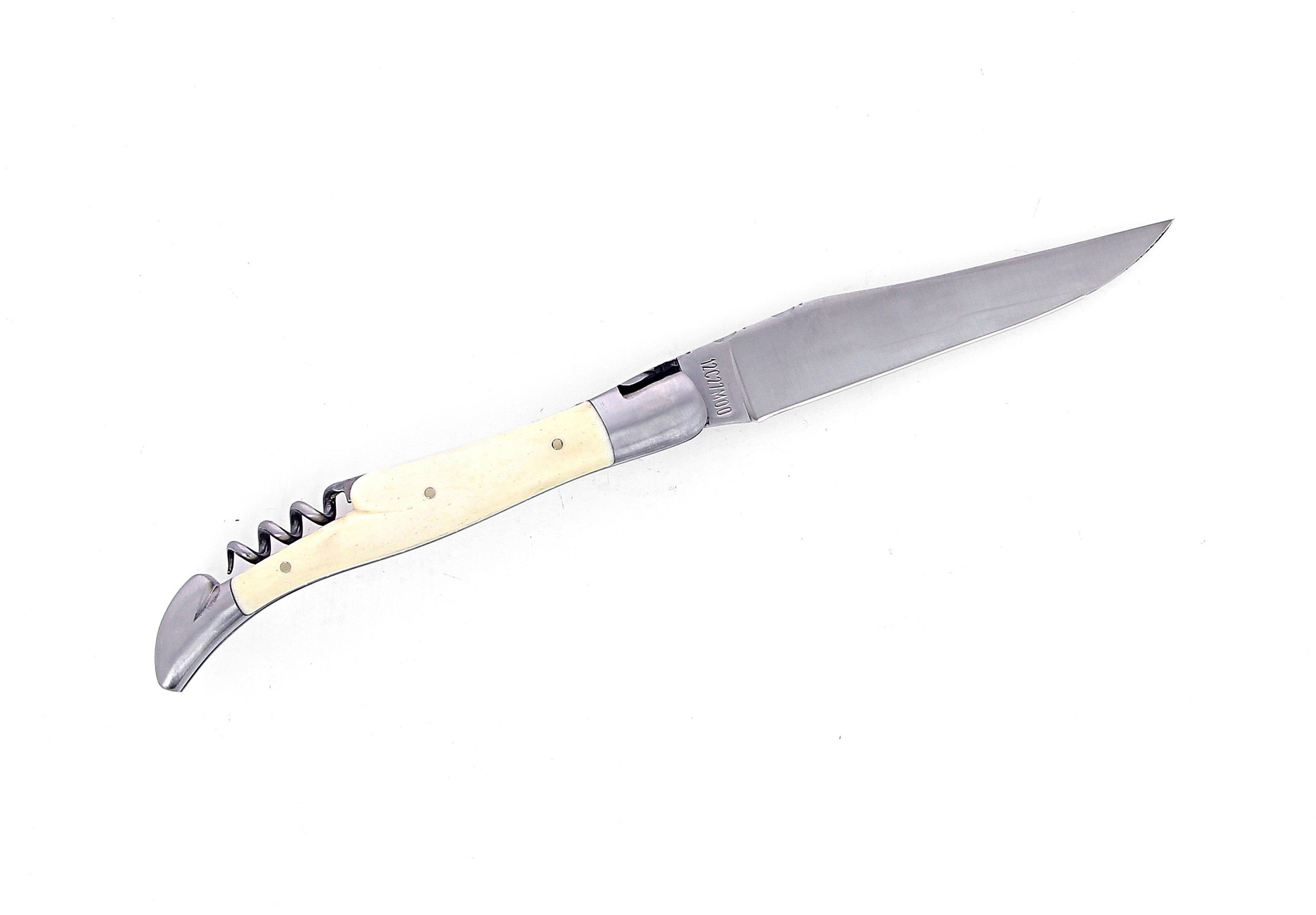 Couteau Laguiole pliant avec tire-bouchon, doubles platines, 12 cm, manche en os, mitres inox brossées