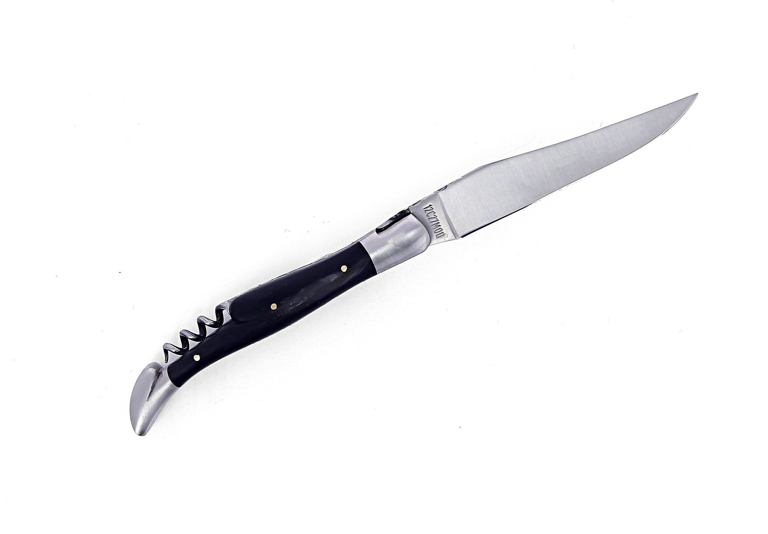 Couteau Laguiole pliant avec tire-bouchon, doubles platines, 12 cm, manche en corne de vache Aubrac, mitres inox brossées