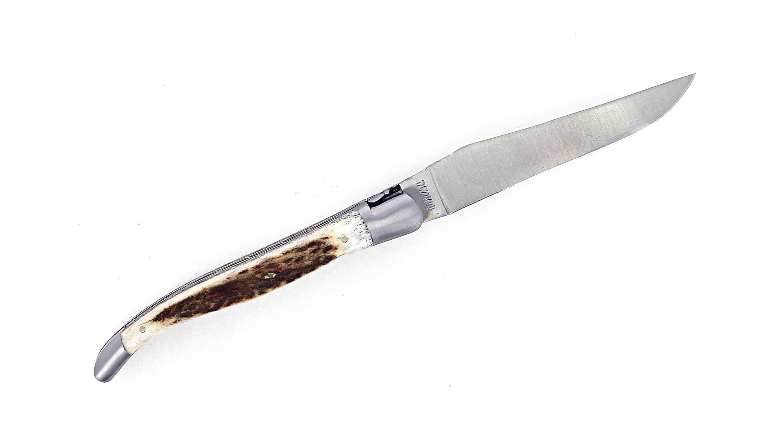 Laguiole pliant doubles platines, 13 cm, manche en bois de cerf, mitres inox brossées