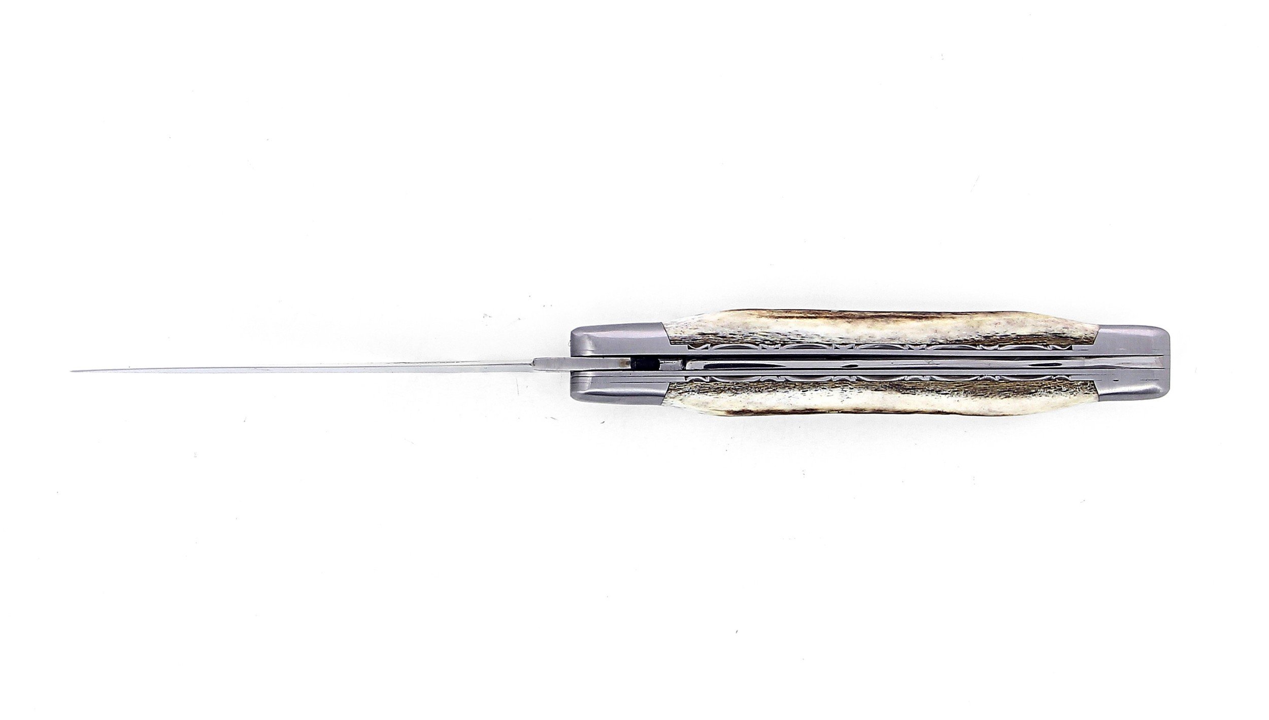 Laguiole pliant doubles platines, 13 cm, manche en bois de cerf, mitres inox brossées