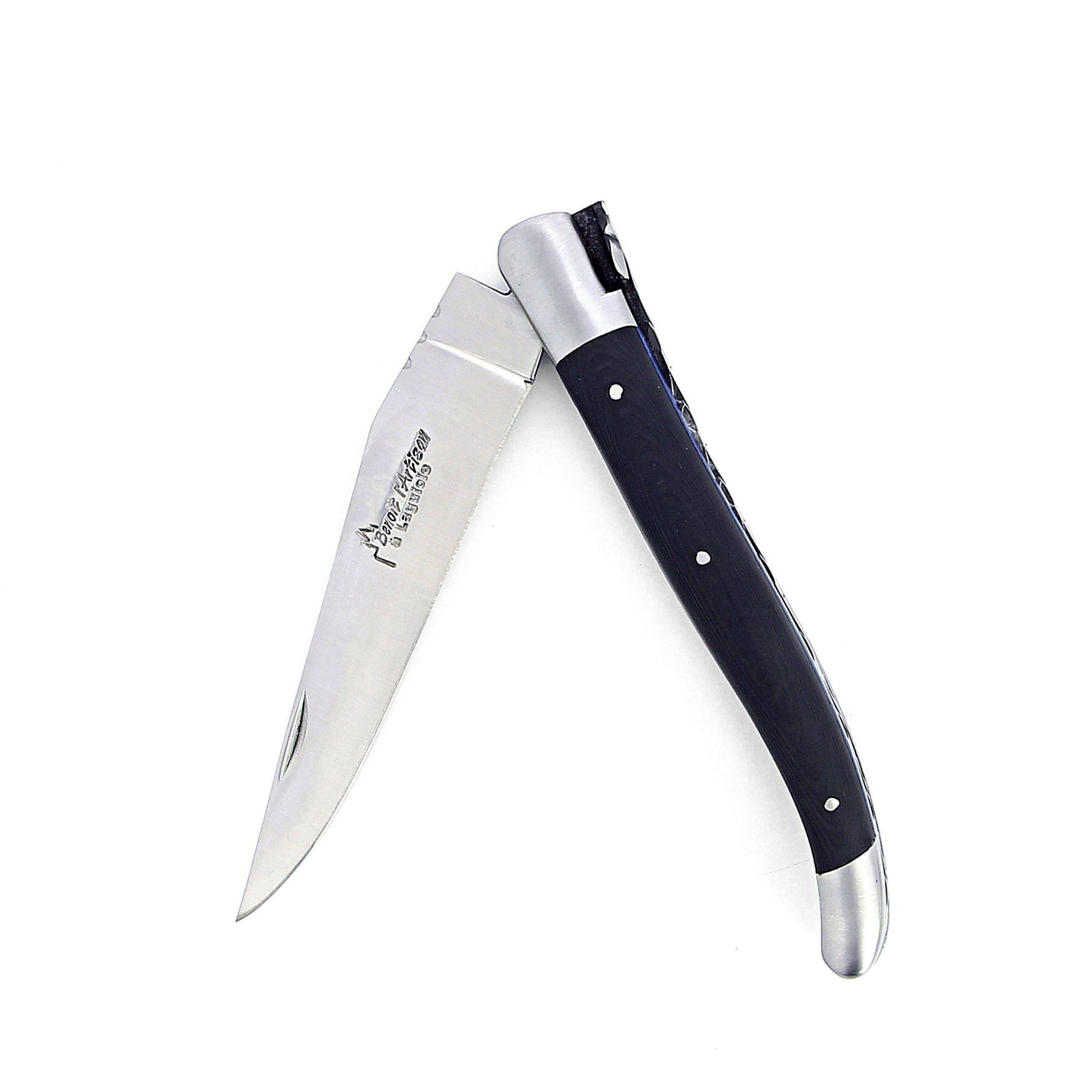 Laguiole pliant 12cm, manche en fibre de carbone, intercalaires bleus, mitres inox brossées