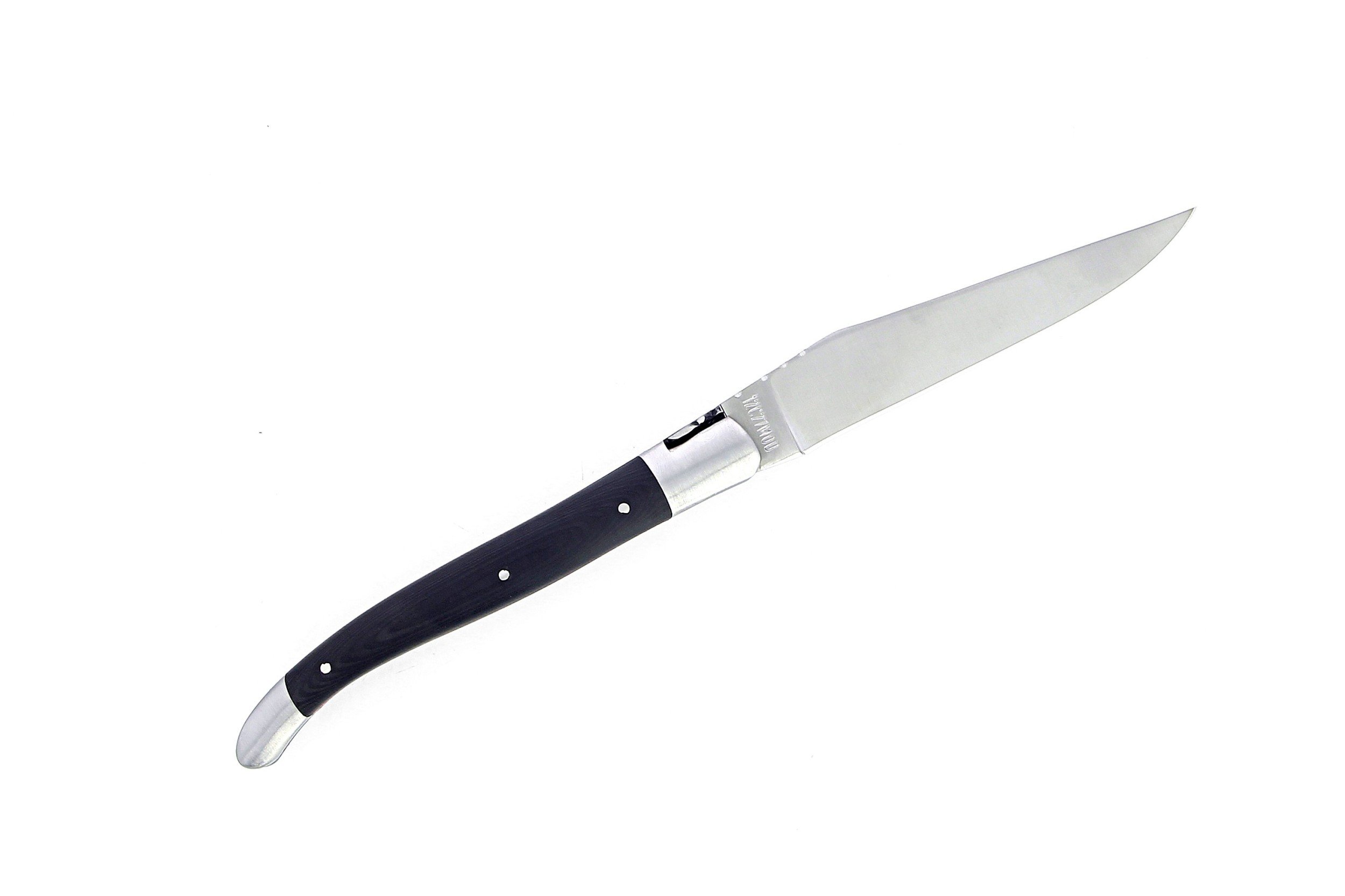 Laguiole pliant 12cm, manche en fibre de carbone, intercalaires bleus, mitres inox brossées
