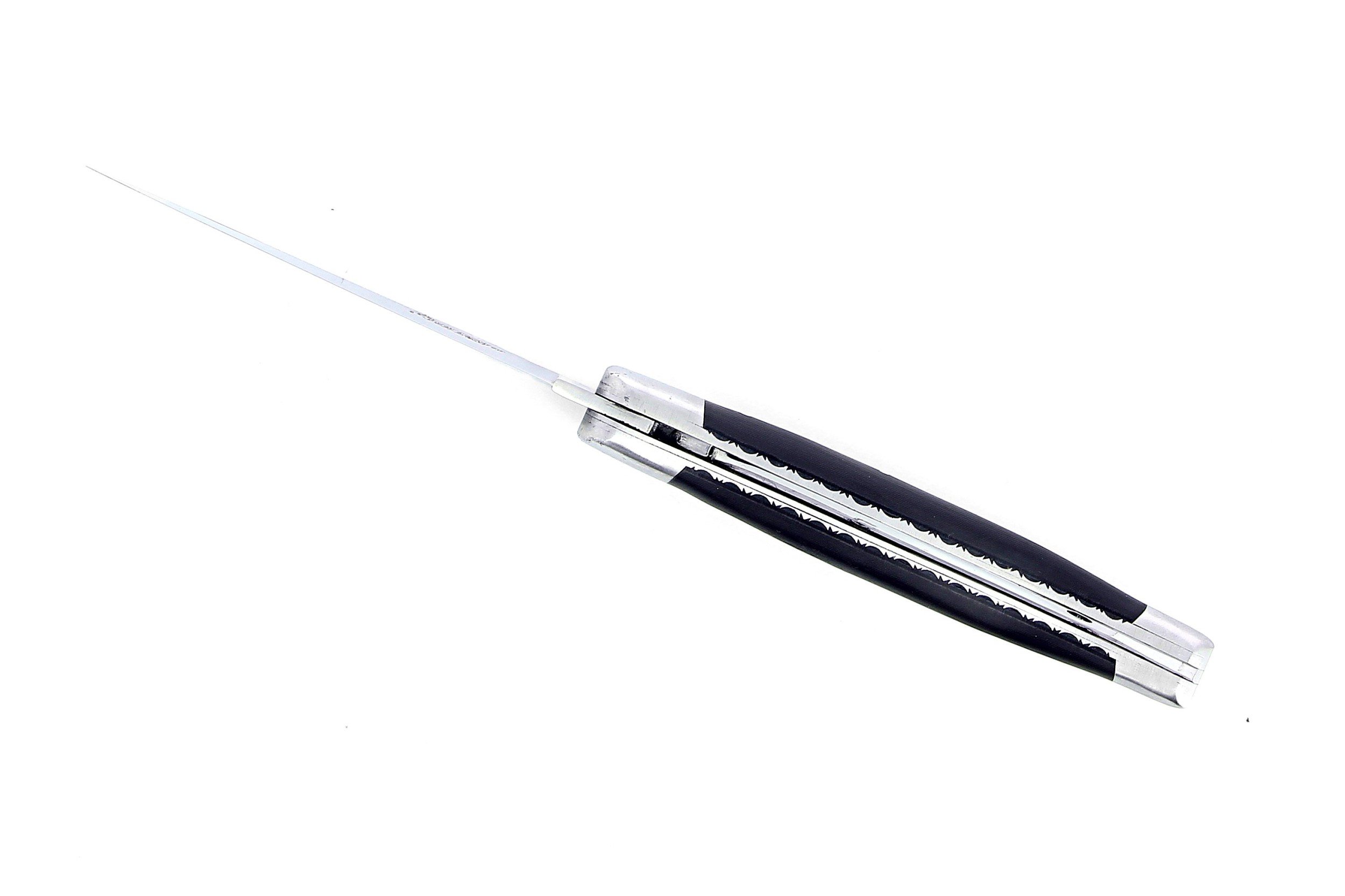 Laguiole pliant doubles platines, 13 cm, manche en fibre de carbone, intercalaires noirs, mitres inox brossées