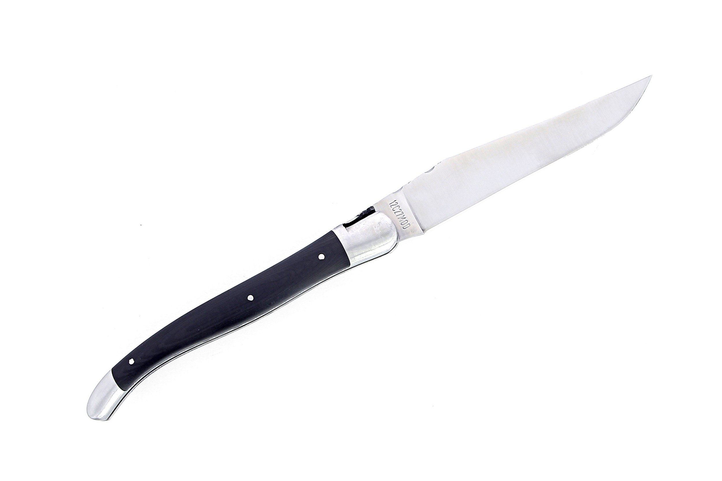 Laguiole pliant 13cm, manche en fibre de carbone, intercalaires jaunes, mitres inox brossées