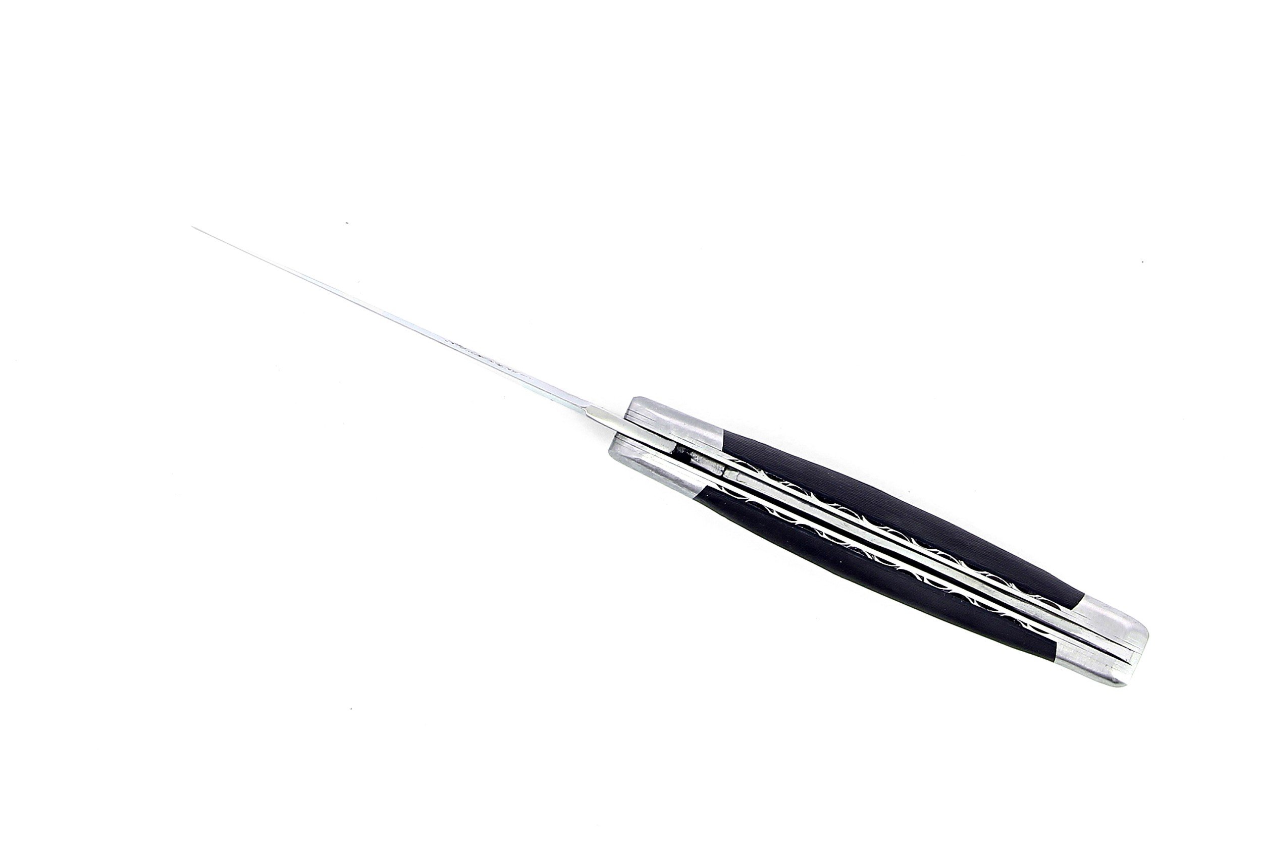 Couteau Laguiole pliant doubles platines, 12 cm, manche en fibre de carbone, intercalaires blancs, mitres inox brossées