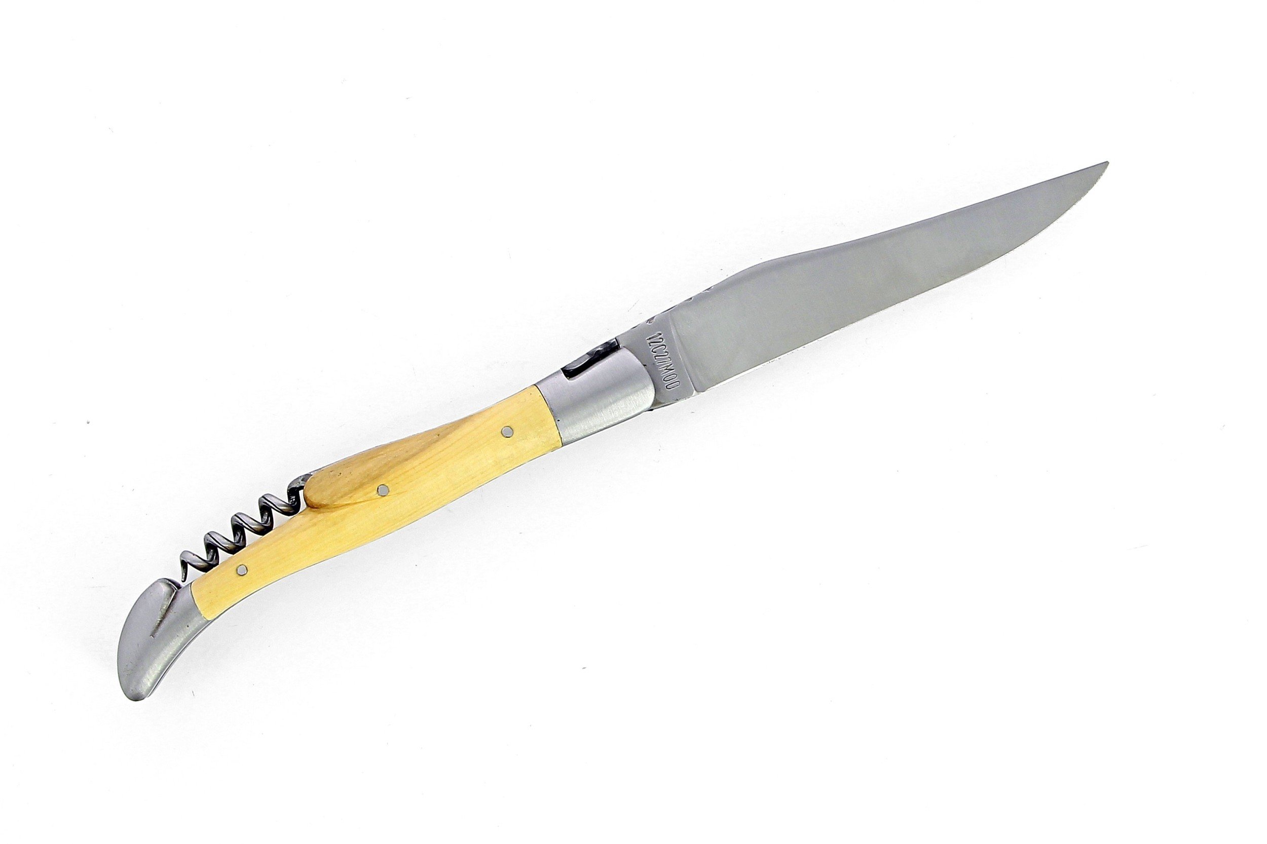 Laguiole pliant avec tire-bouchon, doubles platines, 12 cm, manche en buis, mitres inox brossées