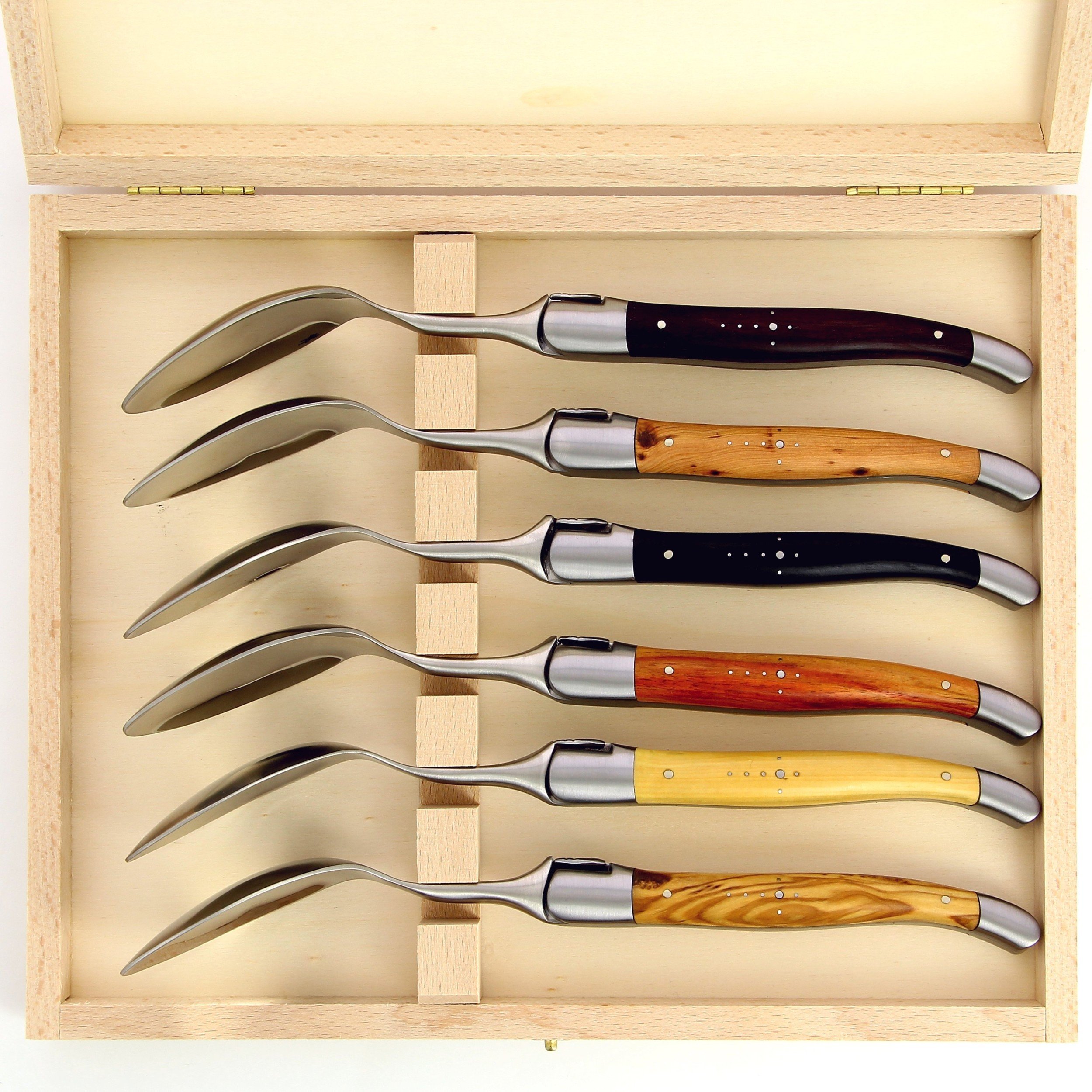 Coffret de 6 grandes cuillères Laguiole, manche en bois du monde, mitres inox brossées