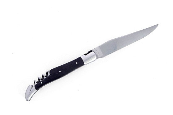 Benoit l'Artisan  Couteau de Laguiole pliant avec tire-bouchon, doubles  platines, 12 cm, manche en fibre de carbone, intercalaires noirs, mitres  inox brossées