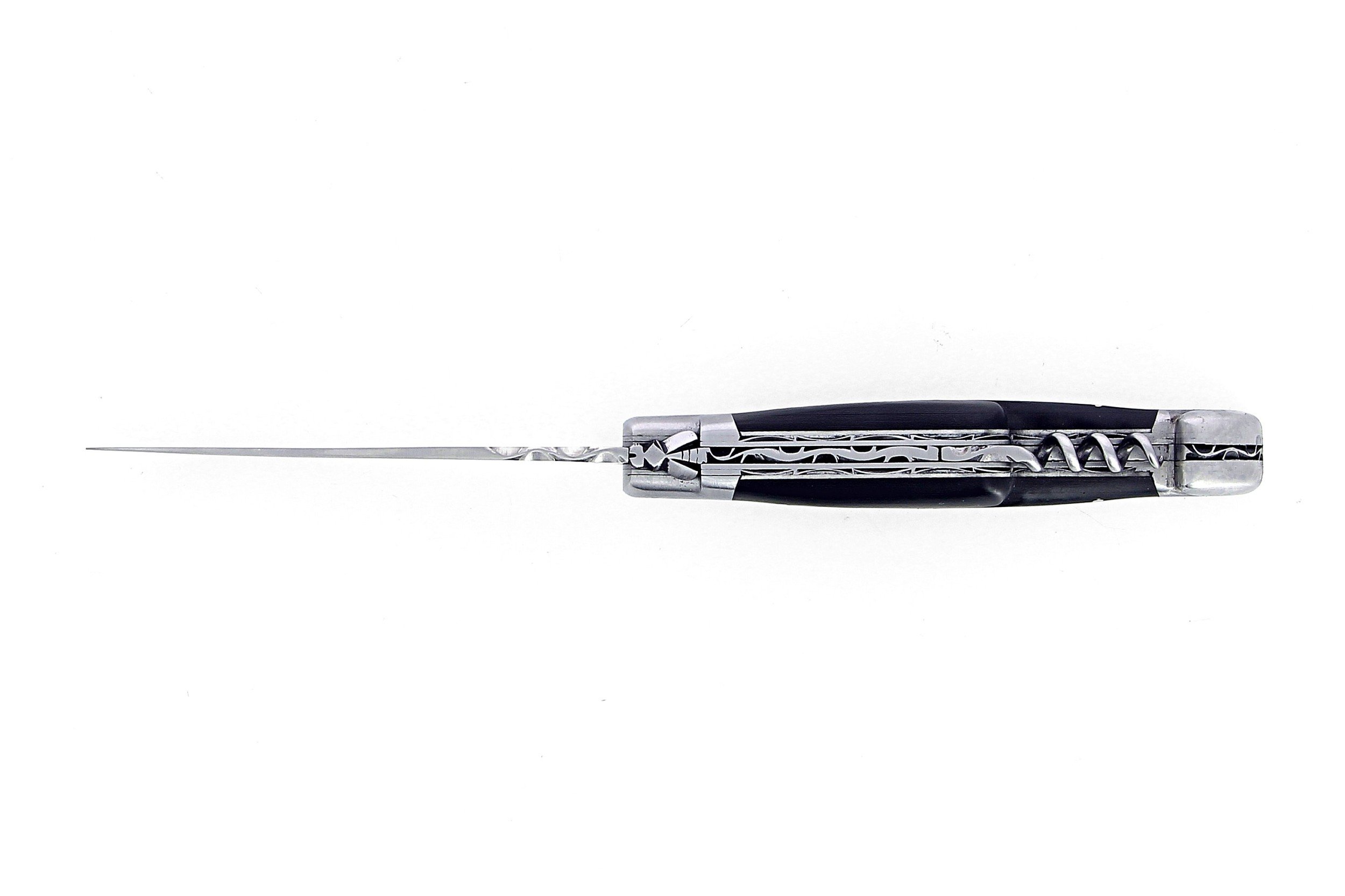 Laguiole pliant avec tire-bouchon, doubles platines, 12 cm, manche en fibre de carbone, intercalaires blancs, mitres inox brossées