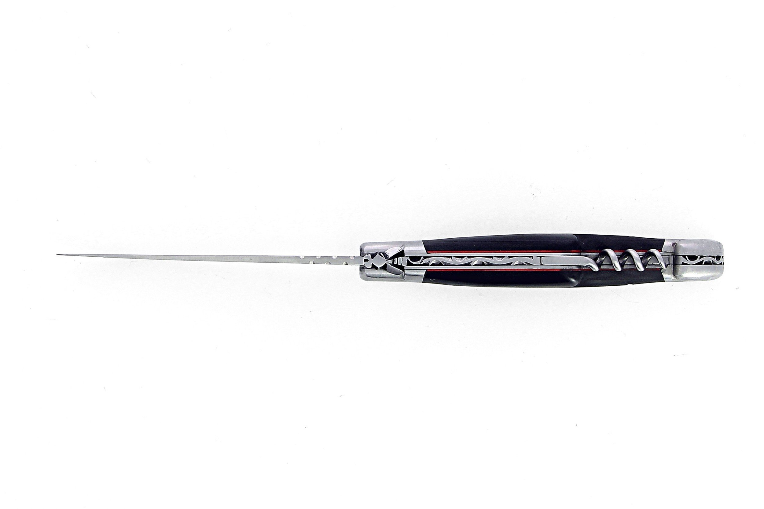 Laguiole pliant avec tire-bouchon, 12 cm, manche en fibre de carbone, intercalaires rouges, mitres inox brossées