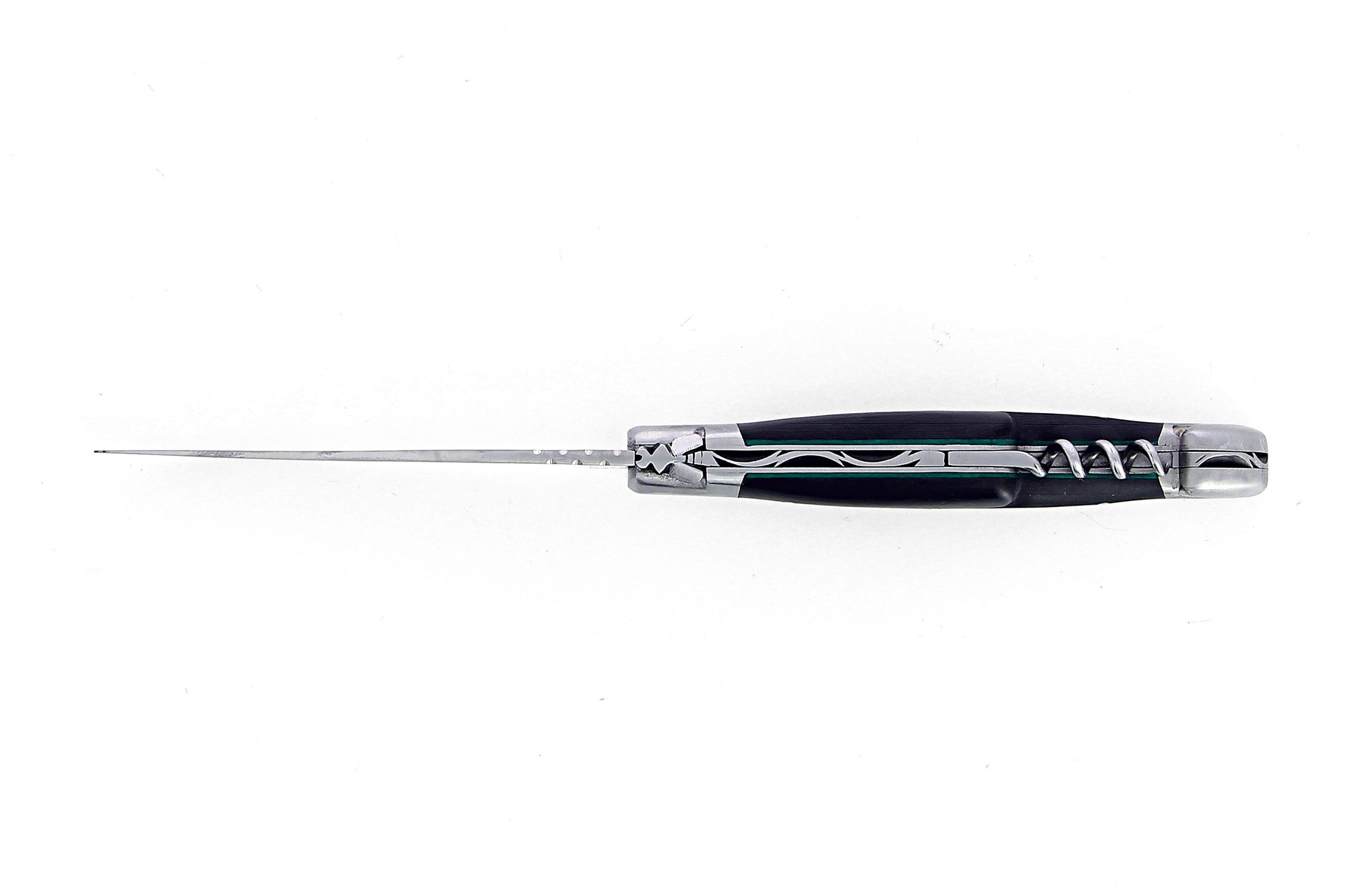 Laguiole pliant avec tire-bouchon, 12 cm, manche en fibre de carbone, intercalaires verts, mitres inox brossées