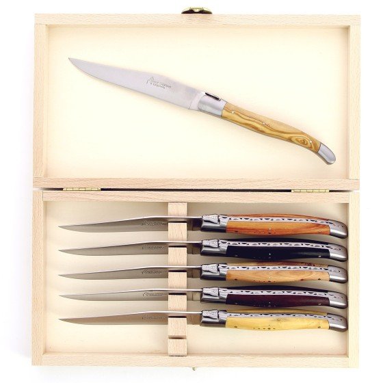 Coffret de 6 couteaux de table de Laguiole, manche en bois du monde, mitres inox brossées