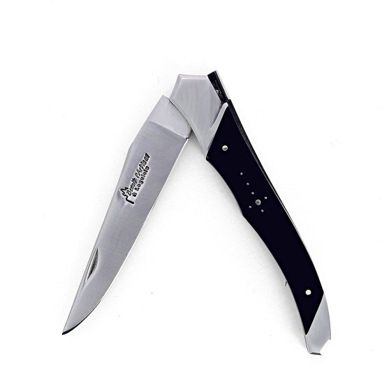 Laguiole Tribal pliant 12 cm, platines guillochées, manche en corne massive noire, mitres inox brossées