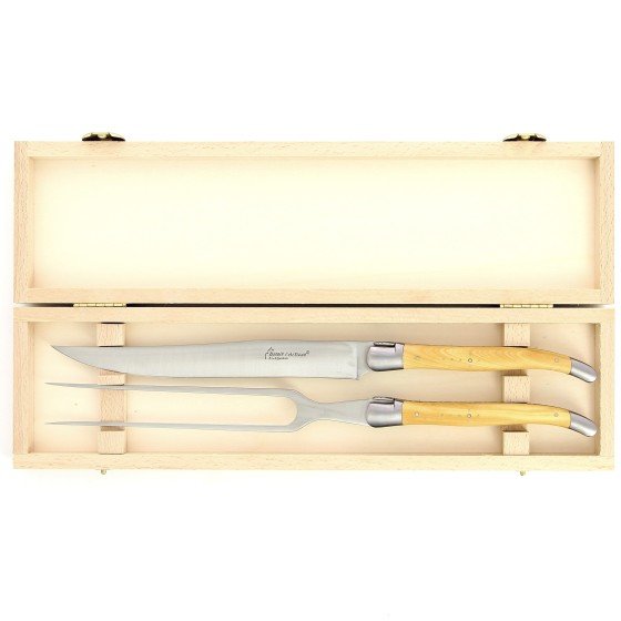 Service à découper de Laguiole, manche en buis, mitres inox brossées