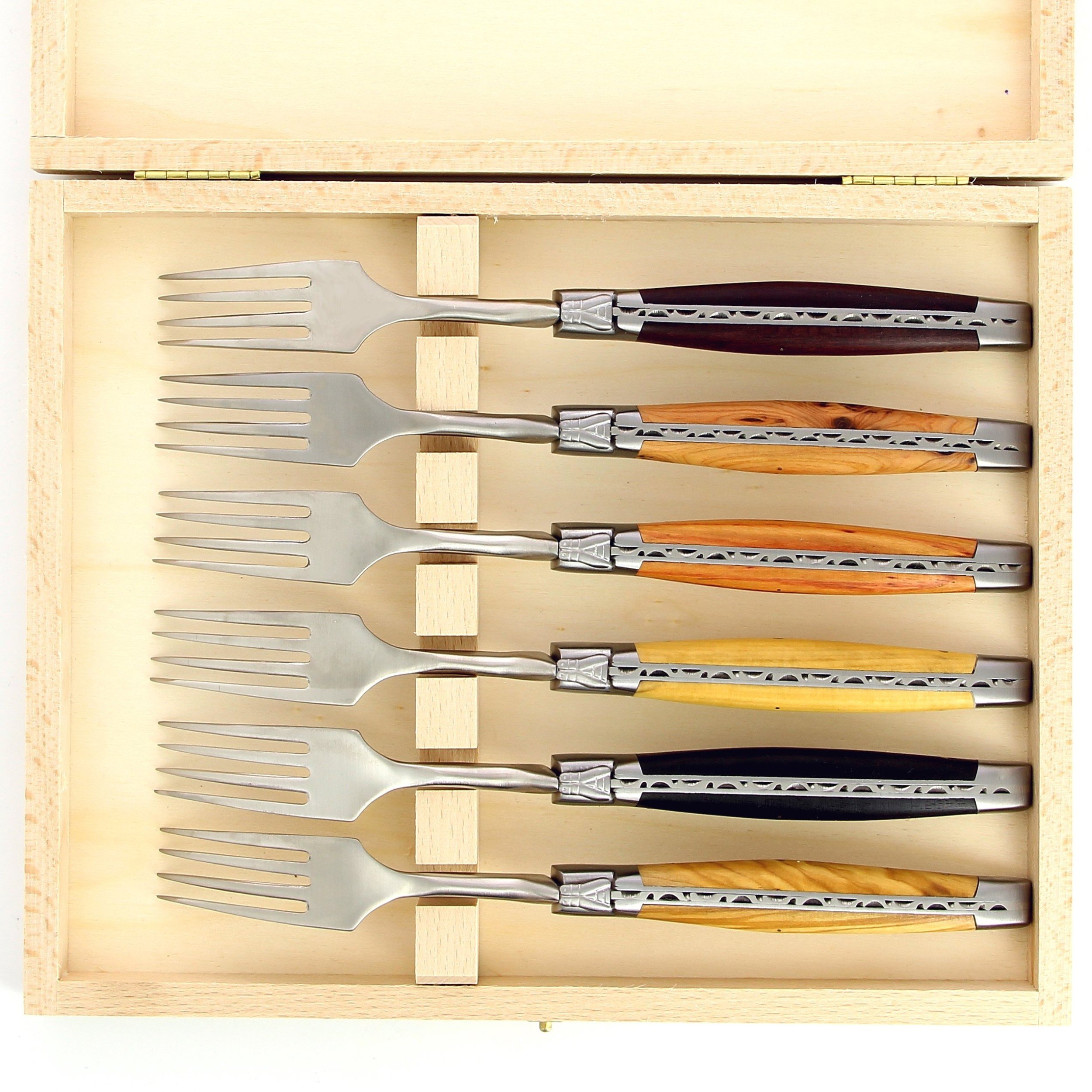 Coffret de 6 grandes fourchettes de Laguiole, manche en bois du monde, mitres inox brossées