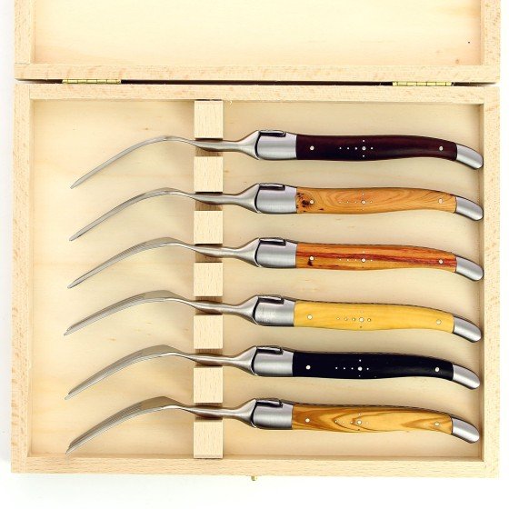 Coffret de 6 grandes fourchettes de Laguiole, manche en bois du monde, mitres inox brossées