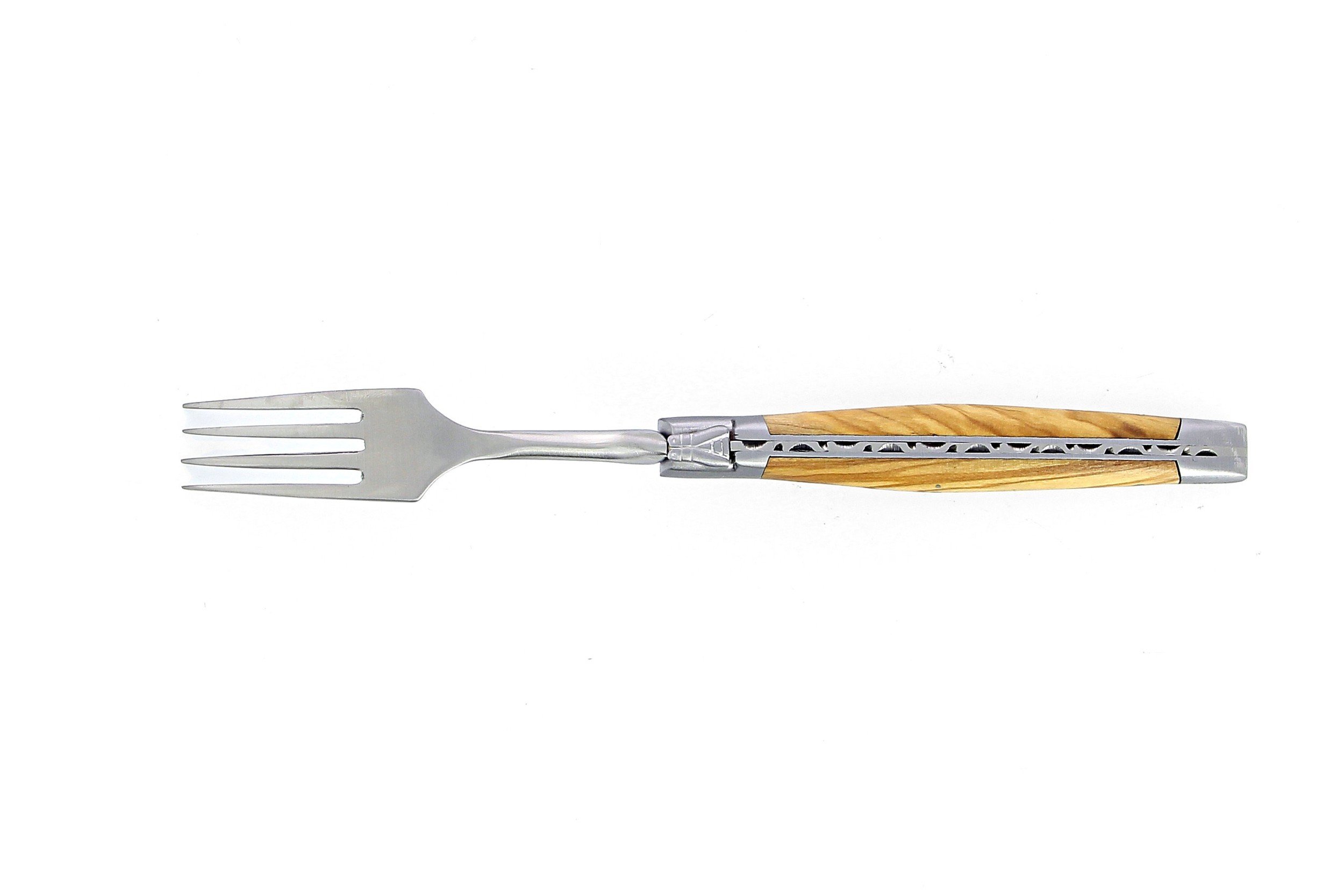 Coffret de 6 grandes fourchettes Laguiole, manche en olivier, mitres inox brossées