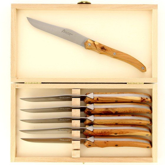Coffret de 6 couteaux de table de Laguiole Tribal, plein manche en genévrier, platines inox