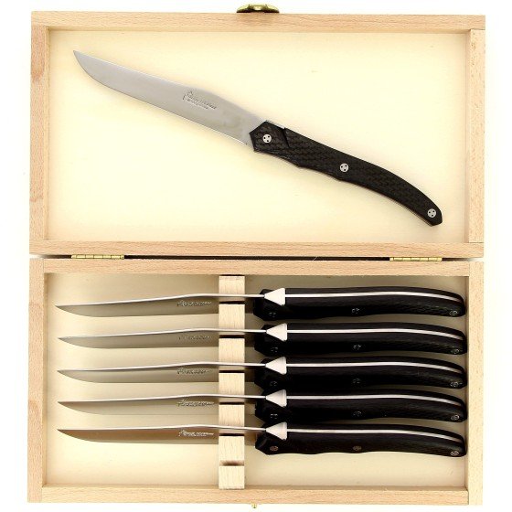 Coffret de 6 couteaux de table de Laguiole Tribal, plein manche en fibre de carbone, platines inox