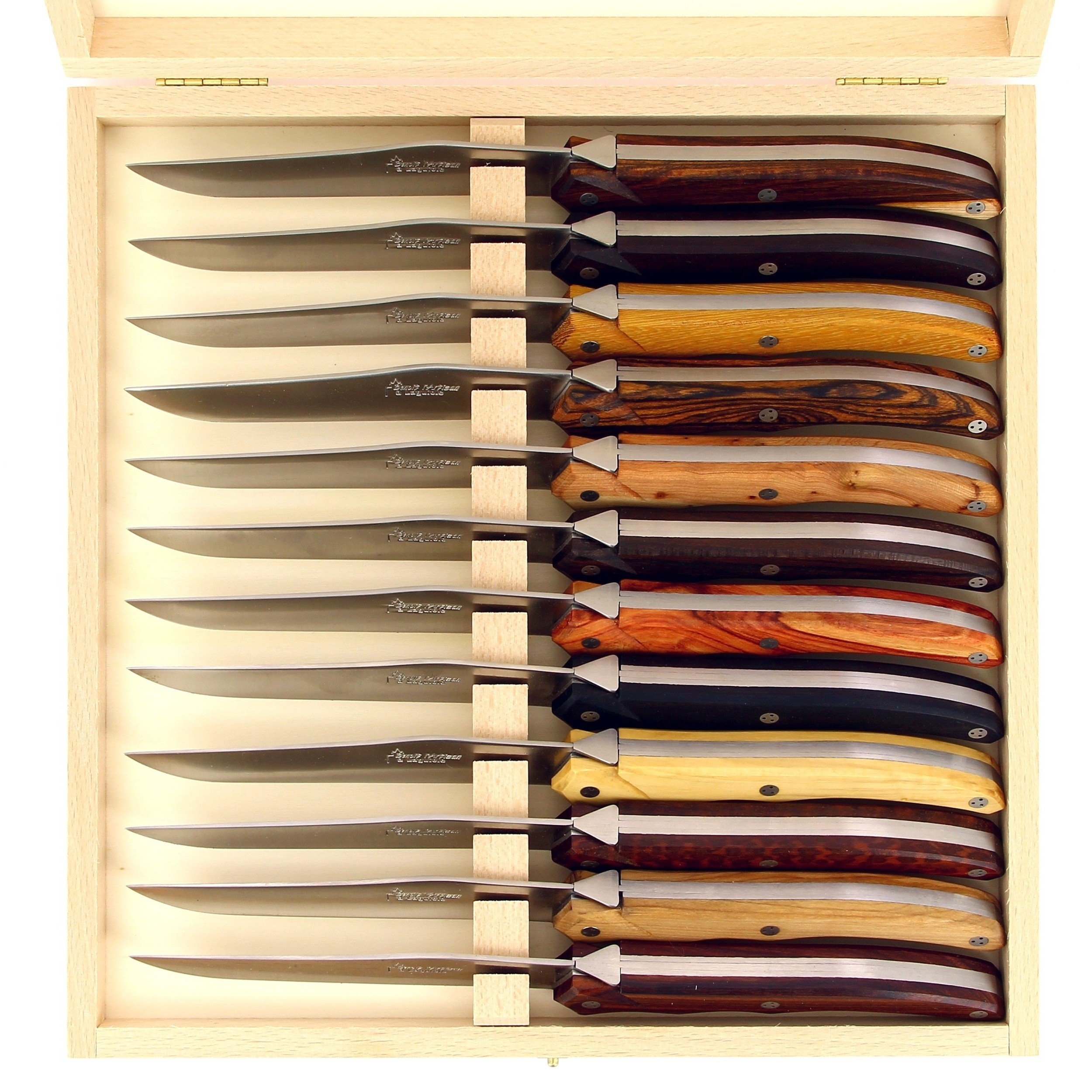 Coffret de 12 couteaux de table de Laguiole Tribal, plein manche en bois du monde, platines inox