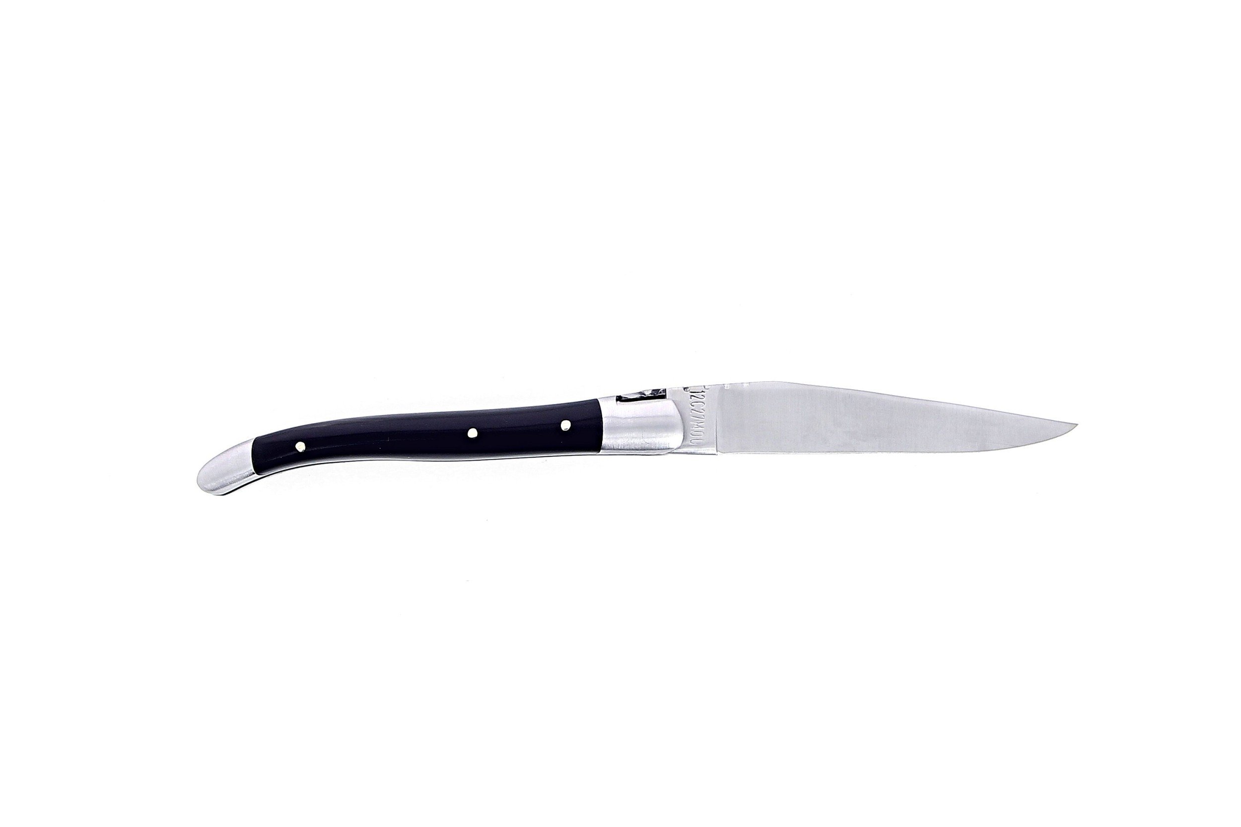 Laguiole pliant 10 cm, manche en corne massive noire, mitres inox brossé