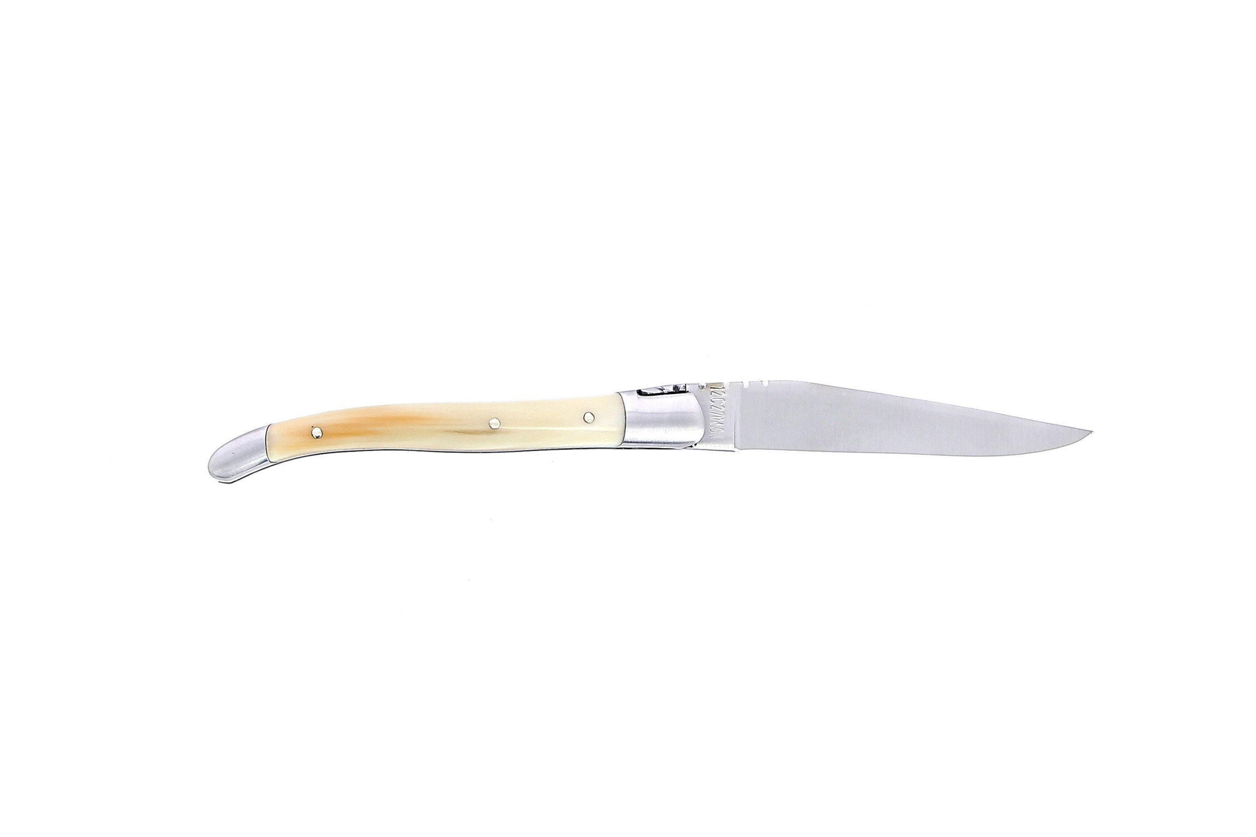 Laguiole pliant 10 cm, manche en corne massive blonde, mitres inox brossé