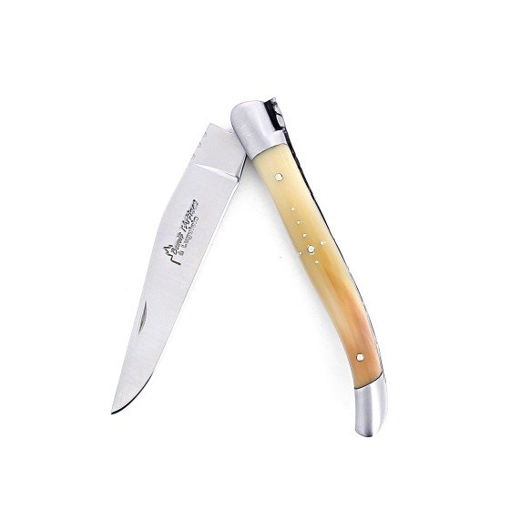 Laguiole pliant 11 cm, manche en corne massive blonde, mitres inox brossé