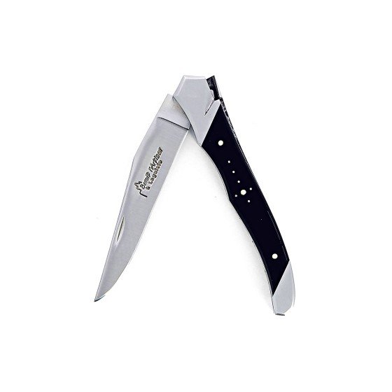 Laguiole Tribal pliant 10 cm, platines guillochées, manche en corne massive noire, mitres inox polies