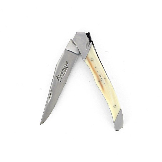 Laguiole Tribal pliant 10 cm, platines guillochées, manche en corne massive blonde, mitres inox brossées