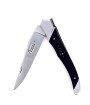 Laguiole Tribal pliant 12 cm, platines lisses, manche en corne massive noire, mitres inox brossées