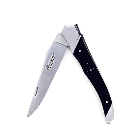 Laguiole Tribal pliant 12 cm, platines lisses, manche en corne massive noire, mitres inox brossées