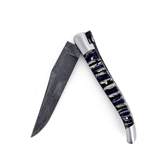 Couteau de Laguiole pliant 12 cm, manche en molaire de mammouth bleue, mitres inox brossées, lame Damas carbone torsadée